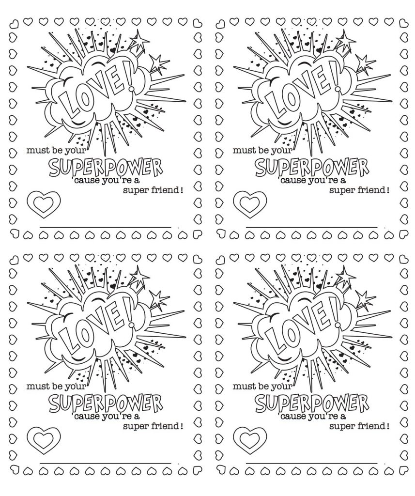Free printable color-your-own "Love is a Superpower" Valentines from Free to be Kids