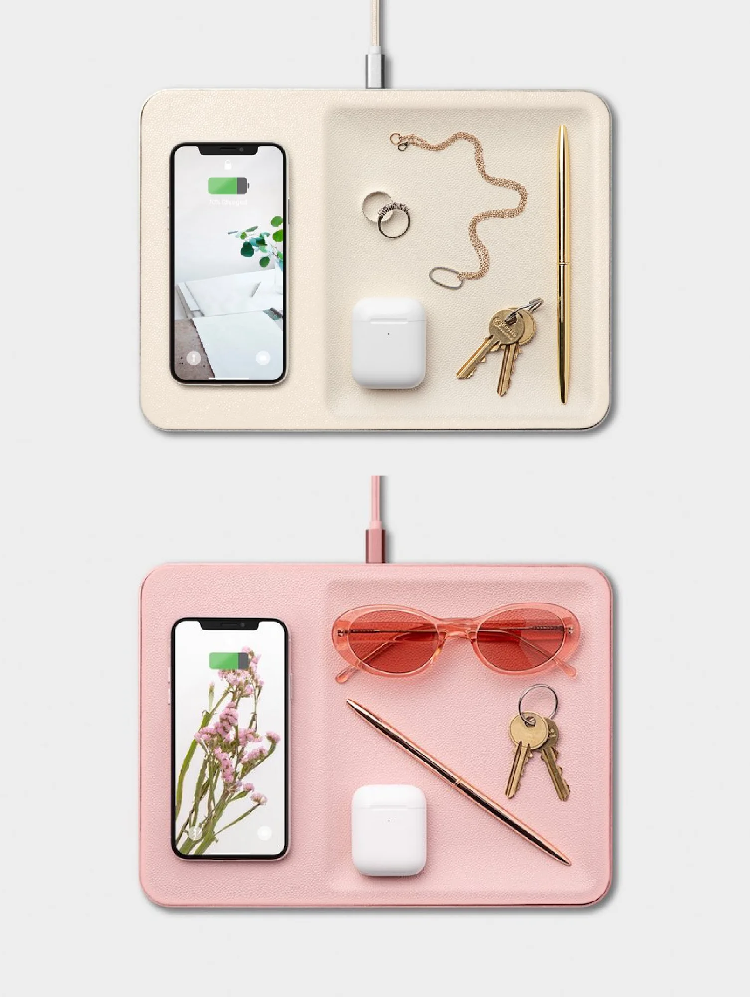 Home office gifts for mom: a chic wireless charging station and catch-all for her desk