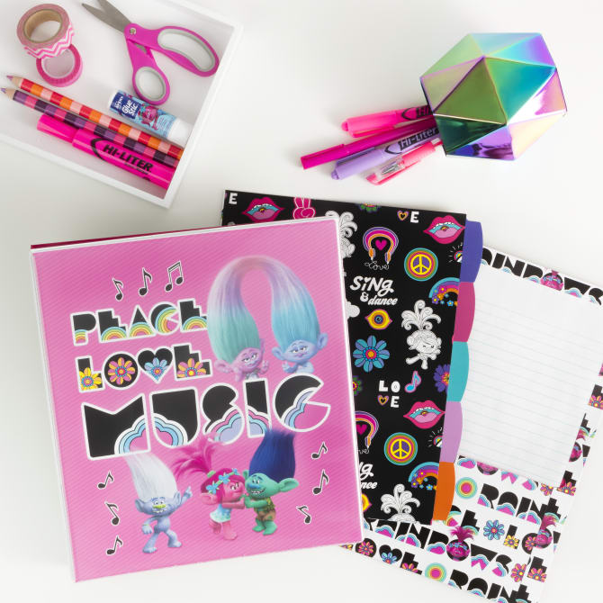 School supplies under $10 to make school more fun: Trolls peace love and music binder + folder sets from Avery (sponsor)