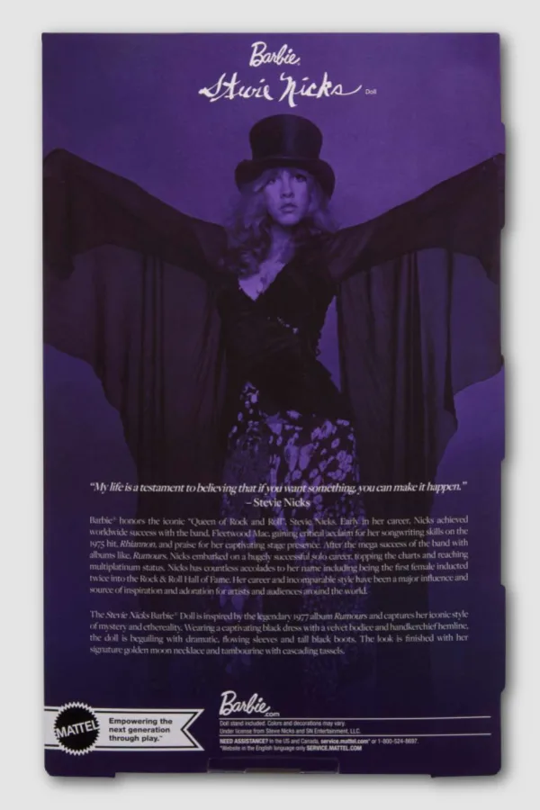 The new Stevie Nicks Barbie from Mattel: Back of Box Description