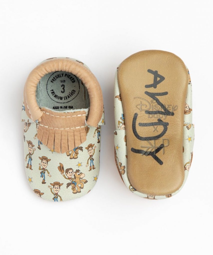 The new Toy Story baby mocs come in lots of styles with favorite characters, like this retro-looking Woody moc The new Toy Story baby mocs come in lots of styles with favorite characters, like this retro-looking Woody moc