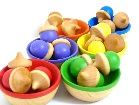 Handmade wooden learning toys: Almost Crunchy rainbow sorting bowls on Etsy