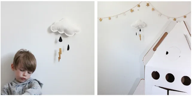 Handmade cloud mobile with lightning bolts by Jahje Ives