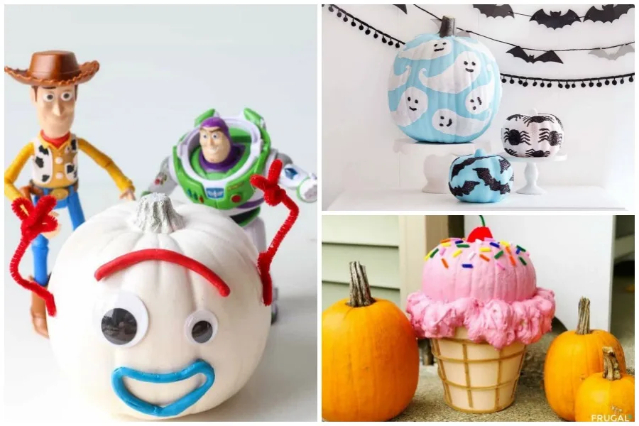 Cute pumpkin decorating ideas: Forky at The Farm Girl Gabs, Ghosts at I Heart Naptime, and Ice Cream at Frugal Coupon Living